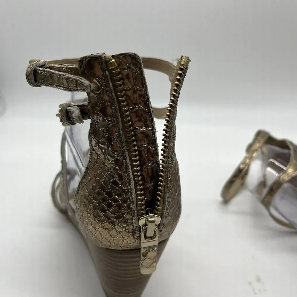 Eileen Fisher Women's 9.5 Gold Strappy Platform Wedge Shoes Sandals‎ Back Zip